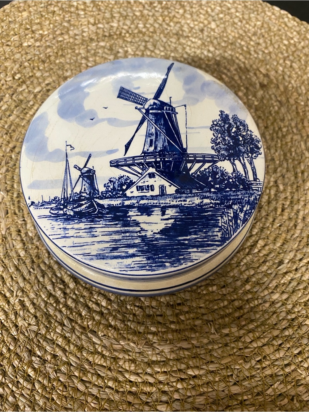 Blue and White porcelain Trinket Box with Windmill Illustration